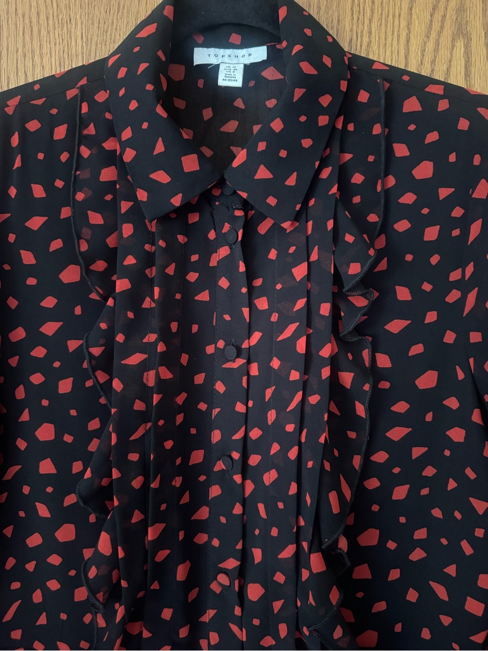 Topshop Black Red Geometric Ruffle Button Front Long Sleeve Mini Dress Size US 8